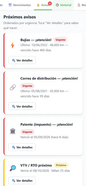 Pantalla de próximos avisos ordenados por urgencia, con etiquetas Urgente en rojo