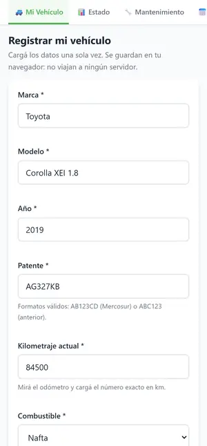 Pantalla de la app para registrar el vehículo: marca, modelo, año, patente y kilometraje actual
